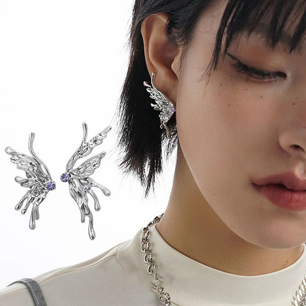 Kiss Jewelry Sweet Heart Rhinestone Butterfly Shape Dangle Earrings for Women Silver Color Korean Fashion Y2K Piercing Earring