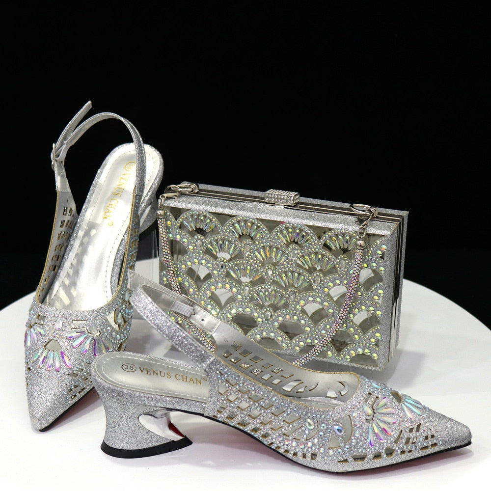 Matching Shoes and Bags: Women Shoe and Bag Set Decorated gold Shoes and Bag