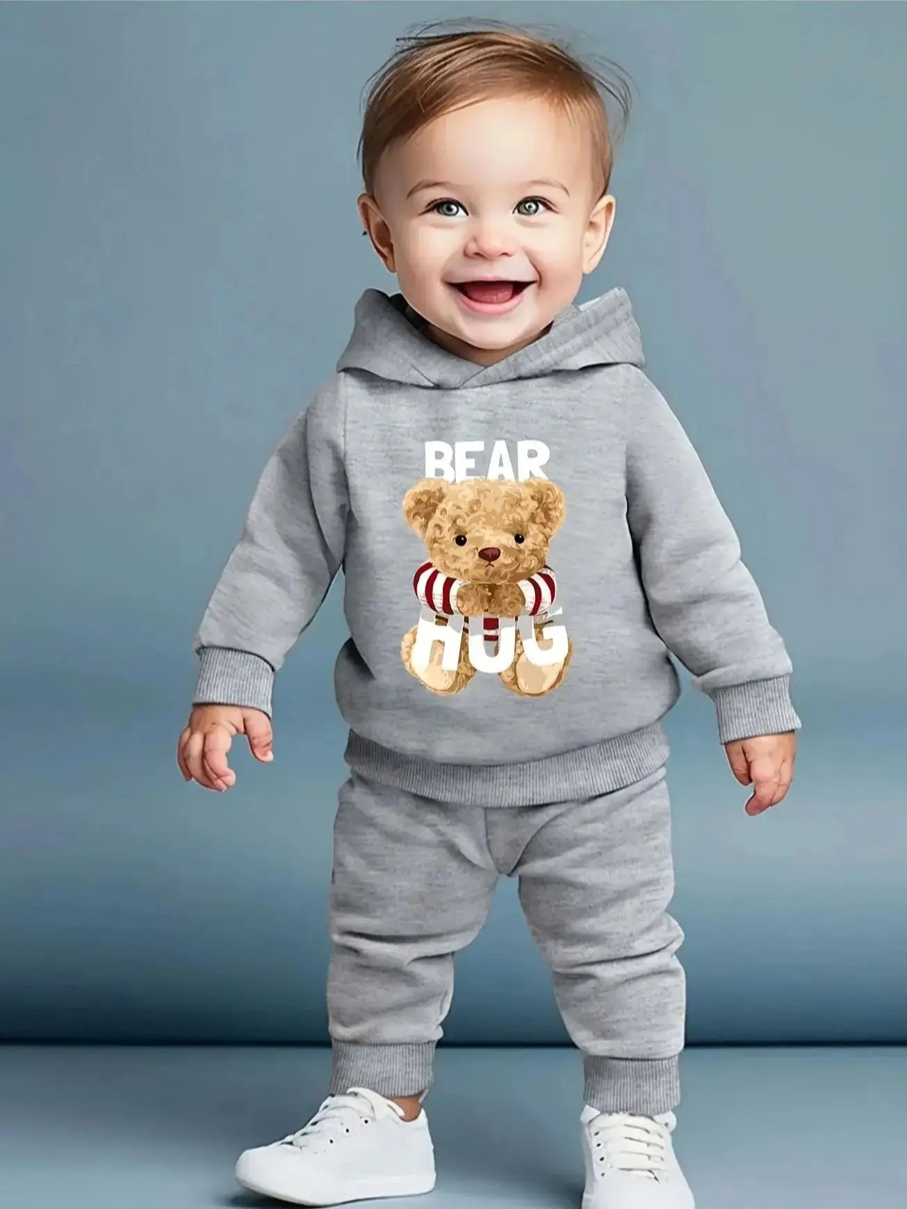 Adorable Cartoon Baby Boy Long-Sleeved Fleece Hoodie + Casual Pants Set - 2-Piece Fall/Winter Outfit