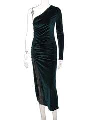 Evening wear Dresses: Long Sleeve One Shoulder Ruched Velvet Midi Dress