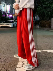 Women's Solid Loose Pants Side Stripes Elastic Waist Drawstring Straight Leg Casual