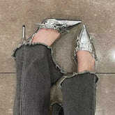 Y2K Silver High Heels Sandals Women Punk Goth Pointed Toe Party Shoes