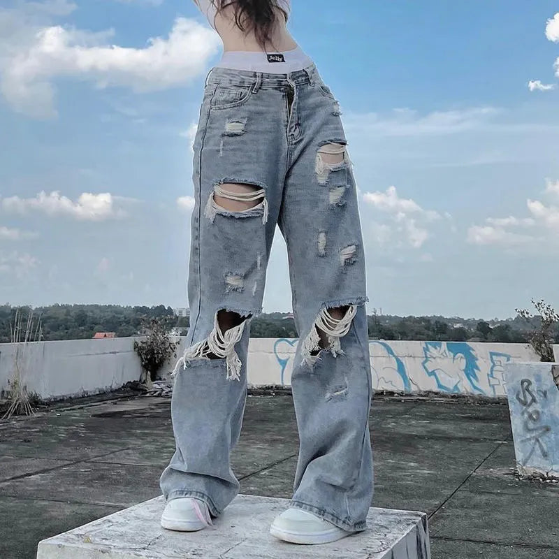 Streetwear Straight Pants Ladies Ripped Jeans Mid Waist Loose Wide Leg Pants
