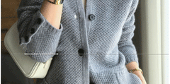 Autumn Winter Thickened 100% Cashmere Wool Cardigan Women Stand Neck