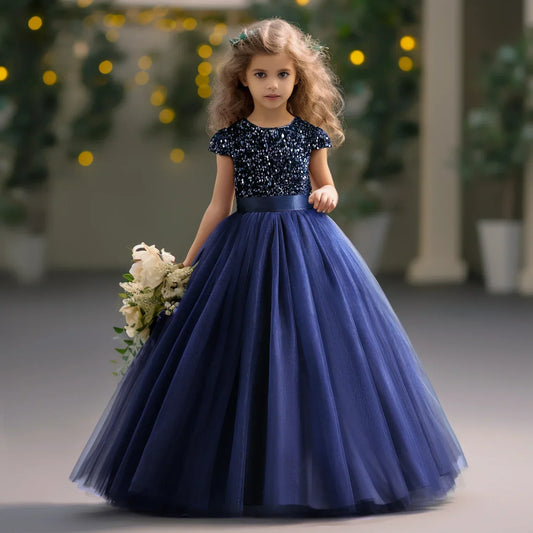White Dress Long Sleeves Sequin Princess Pageant Birthday Party Dresses for First Communion Gown Flower Girl Dresses for Wedding