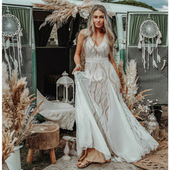 White Bridesmaid Dresses: Boho A Line Wedding Dress Hippie Lace Custom Made V Neck