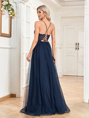 Homecoming Dresses: V Neck Navy Tulle Backless Chiffon Party Maxi Dress