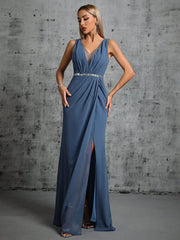 Homecoming Dresses: V-neck silver sequin belt pleated chiffon slit skirt Party Dress