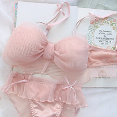 Japanese Bras Lolita Girls Folds Bow Lovely Underwear Set Mesh Sweet Rimless