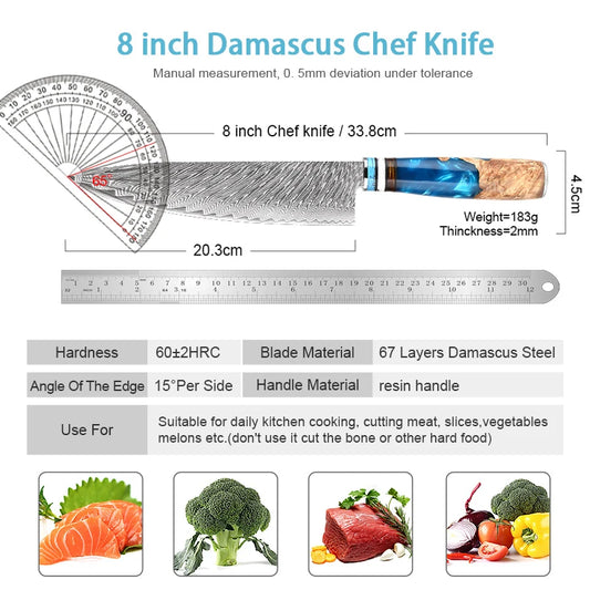 8 inch 67 layer Japanese Damascus steel chef knife hand forged anti-stick