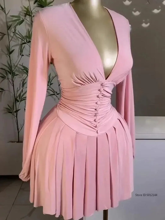 Women's Party Mini Dress 2025 Spring/summer Latest Casual Sexy Plunge Ruched Lantern Sleeve Button Daily A Line Short Skirt