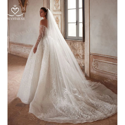 White Bridesmaid Dresses: Wedding Dress Long Sleeve Beading Chapel Train Princess