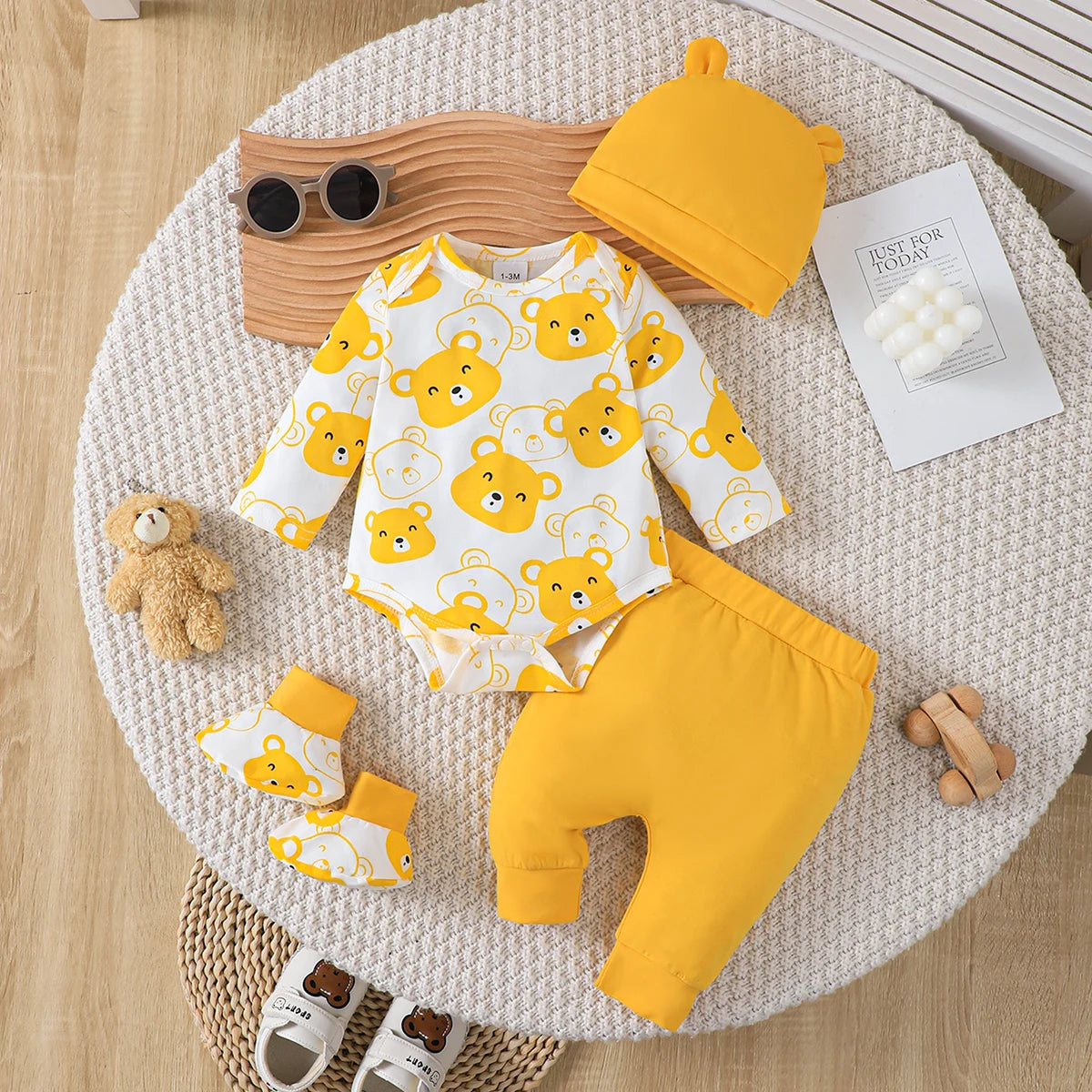 4 Colors 0-9 Months Newborn Baby Boy Autumn Clothing Set Bear Long Sleeve Bodysuit+Pants+Hat+Socks Cute Newborn Baby Gift Outfit
