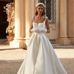 White Bridesmaid Dresses: Sleeveless A-Line Wedding Dress Square Collar