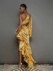 Formal attire Dresses: Floral Irregular Ruffle Dress One Shoulder Cut Out Ruffle