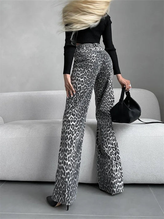 Retro Leopard Print Jeans for Women Elegant Ladies Gray Denim Pants Wide Leg Hip Hop