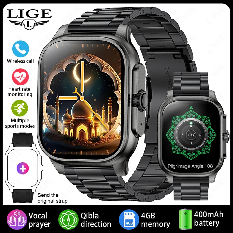 LIGE New MUSLIM Smart Watch with Qibla Pointer Voice Prayer 400mAh Battery Sport Bluetooth Call 2.01" HD Display Smartwatch Men
