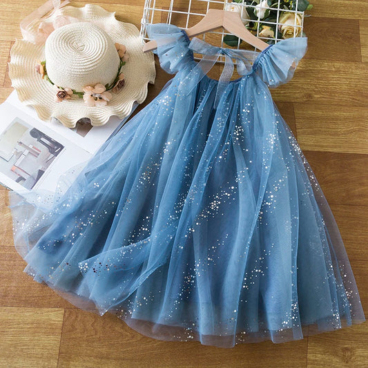 Girls Blue Sequin Summer Dress Kids Evening Party Mesh Princess Costume Toddler