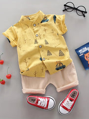 Infant and toddler summer full print bear driving pattern short sleeved shorts set for outdoor standing collar shirt fashion two