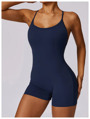Women Fitness Jumpsuit Running Workout One Piece Yoga Suit Scrunch Butt Shorts