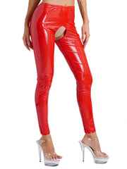 Womens Wet Look PVC Leather Open Crotch Butt Leggings High Waisted Crotchless