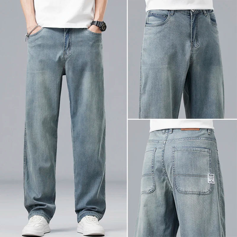 Lyocell Men's Jeans Drape Soft Fabric Loose Straight Casual Denim Pants
