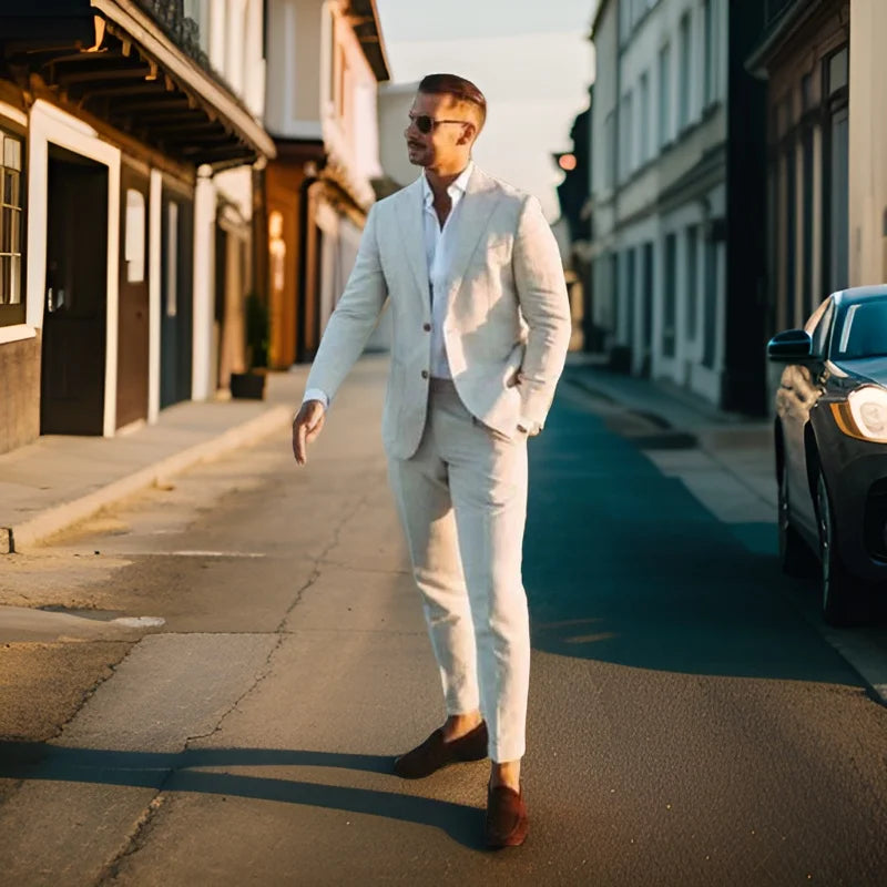 Beach Wedding Outfit Men: Linen Wedding Tuxedo Slim Fit Men Suit Notched Lapel