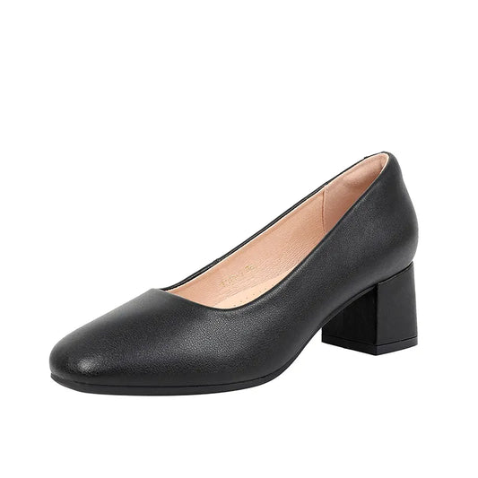 Genuine Leather Women's Work Shoes Pumps Thick Heels Round Head Shoes