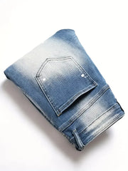 Men Y2k Stretchy Denim Jeans Ripped Skinny Letter Print Elastic Waist Casual Pants