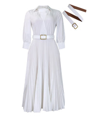 Party Maxi Dress Women Clothes Casual Pleated Dress Solid V-Neck Ruched