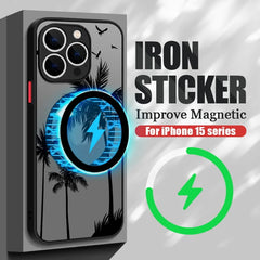 Magnetic Coconut Palm Pattern Case For iPhone 15 14 Pro Max 13 12 11 16 For Magsafe Wireless Charge Matte Hard Back Cover Fundas