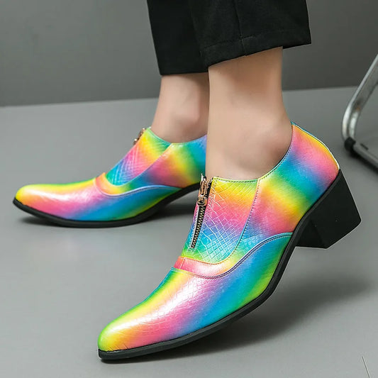 Colorful Luxury Men's High Heel Shoes Crocodile Pattern Leather Shoes