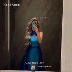 Homecoming Dresses: Blue Mermaid Satin Prom Dresses Halter Sleeveless Party Dresses