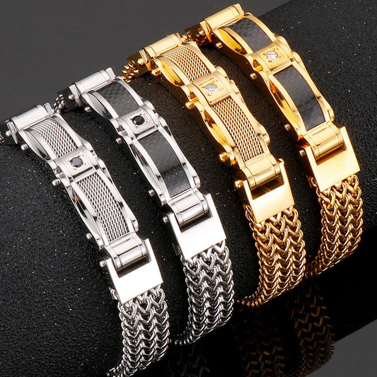 Luxury Bracelet for Men Gold Color 12MM Wide Stainless Steel Square Franco Link Chain Men's Wrist Bracelets With Magnet Clasp