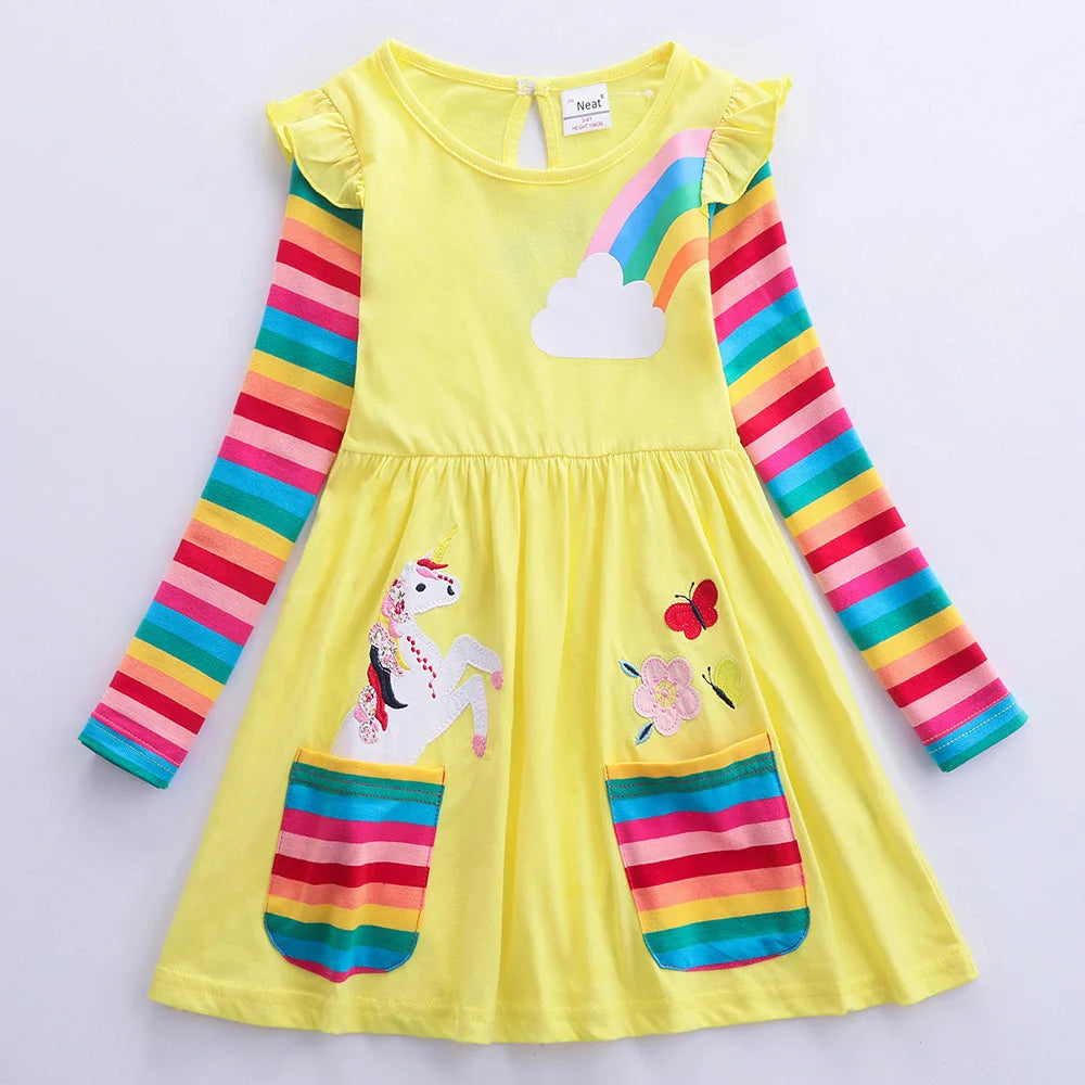 Girls' Long Sleeve Unicorn Dress Autumn Embroidery Two Pockets Rainbow Sleeves