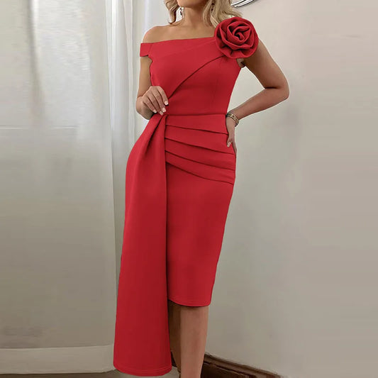 Off Shoulder Flower Slim Bandage Party Dress Women Spring Slash Neck Bodycon
