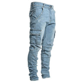 Fashion Streetwear Ripped Skinny Jeans Men Side Mulit Pockets Denim Cargo Pants
