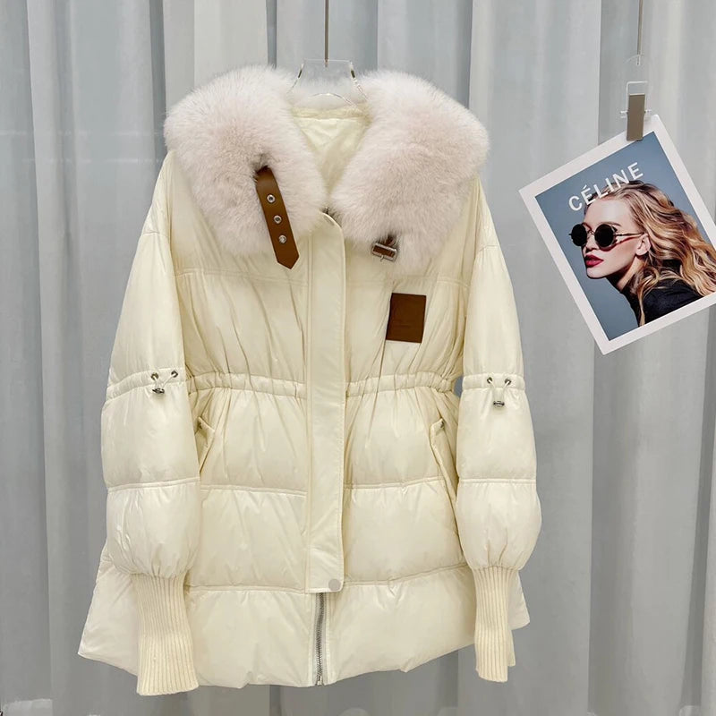 Real fur parka white duck Down Detachable Fur Jacket Mid-Length