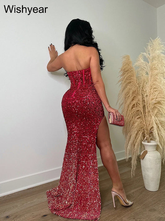 Evening Dresses: Strapless Tunic High Side Split Bodycon Midi Maxi Dress for Women