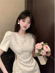 French Temperament Diamond Hollow Out Dress Women Round Neck Bow Bubble Sleeve