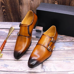 Mens Dress Shoes Genuine Leather Monk Strap Buckle Brown Pointed Toe Handmade