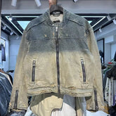 Collarless wash denim motorcycle jacket