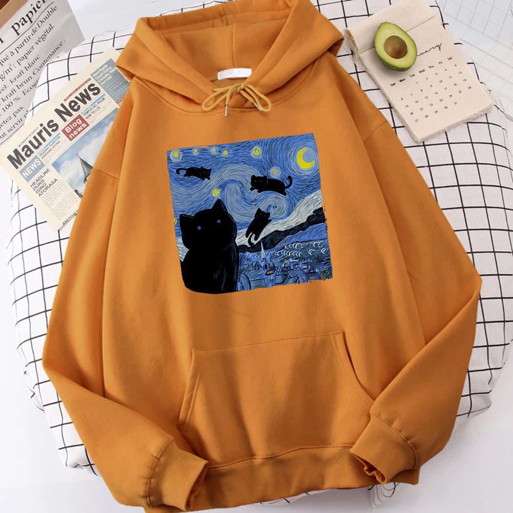 The Starry Cat Night Printing Hoodies Men Autumn Oversize Hoodie Fashion Fleece
