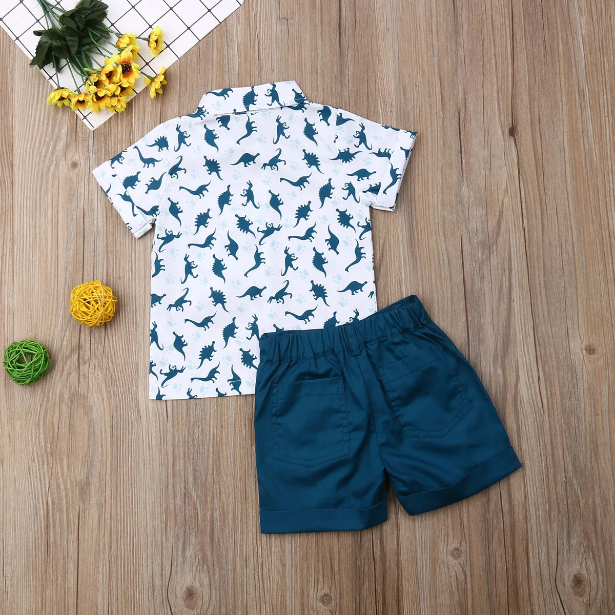Summer Children Clothes Set Infant Cartoon Dinosaur Print Short Sleeve Shirt + Solid Color Shorts Kid Toddler Boys Outfit