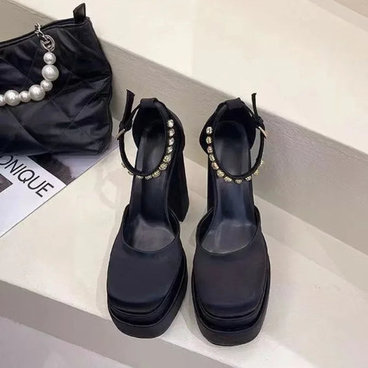 Silk Square Heel Pumps High Heel Ladies Shoes Round Toe Casual