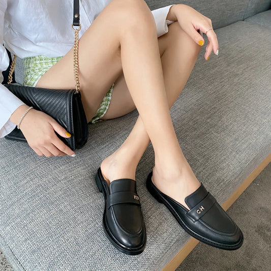 Genuine Leather Shoes Women Slippers Mixed Color Fashion Flat Mules Ladies