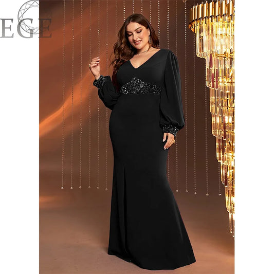Plus Size Women Elegant Dresses Fashion Long Sleeve V-Neck Slim Party Dresses