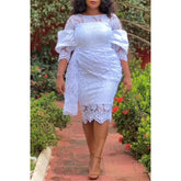 Plus Size White Daily Round Neck Lace Midi Dresses