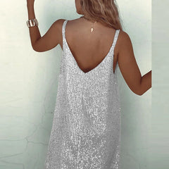 V-neck Backless Sling Dress Women Spring Glitter Sequin Shiny Mini Dress