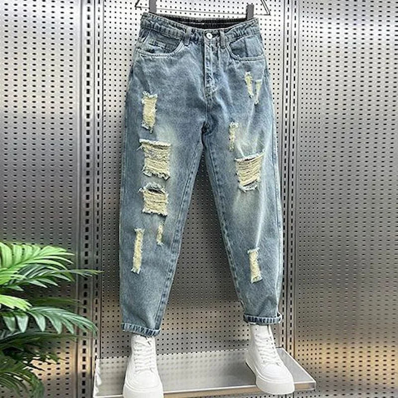 Ripped Jeans Men Clothes Loose Stretch High Waist Jeans Male Denim Pants